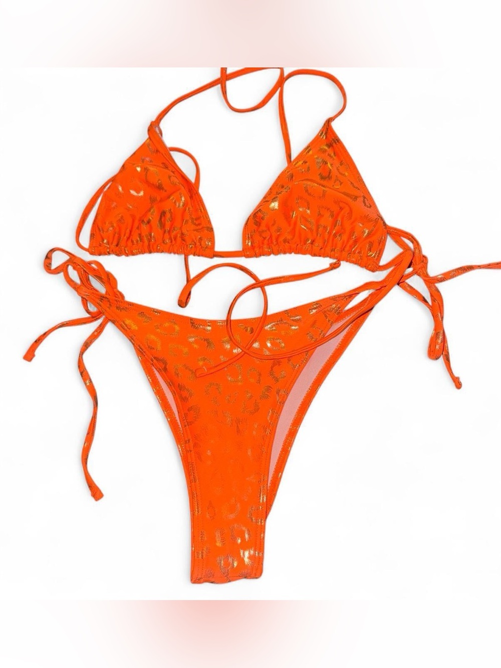 vibrant neon orange bikini set  with  a metallic gold leopard print LIKE NEW